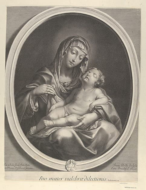 The Virgin seated with the infant Christ sleeping in her lap, in an oval frame, after Reni, by Francois de Poilly