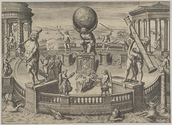 Allegory of the Twelve Labors of Hercules Statues in a Circular Garden, by Matthaeus Greuter