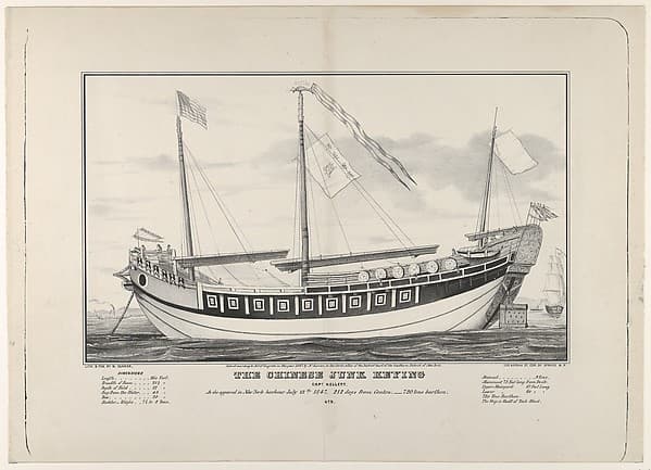 The Chinese Junk Keying [commanded by] Captain Kellett, as she appeared in New York harbour July 13th, 1847–-212 days from Canton.–-720 tons burthen, by Nathaniel Currier