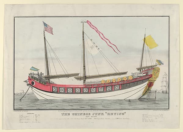 The Chinese Junk "Keying" [commanded by] Captain Kellett, as she appeared in New York harbour July 13th, 1847–-212 days from Canton.-–720 tons burthen, by Nathaniel Currier