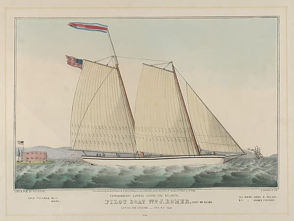 Extraordinary Express Across the Atlantic – Pilot Boat Wm. J. Romer, [commanded by] Captain McGuire, Leaving for England, February 9th, 1846, by Nathaniel Currier