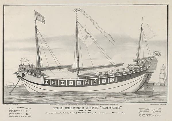 The Chinese Junk "Keying" [commanded by] Captain Kellett, as she appeared in New York Harbour, July 13th, 1847 –-- 212 days from Canton –-720 tons burthen, by Nathaniel Currier
