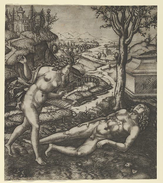 Thisbe finding Pyramus laying on the ground with a knife in his chest, by Marcantonio Raimondi