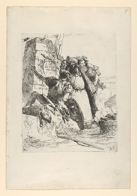 A magician, a soldier and three figures watching a burning skull from the Scherzi di Fantasia, by Giovanni Battista Tiepolo