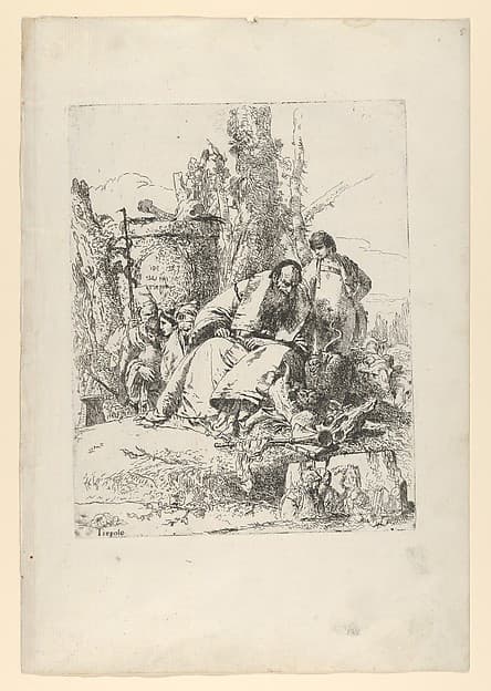 Seated magician, boy and four figures from the Scherzi di Fantasia, by Giovanni Battista Tiepolo