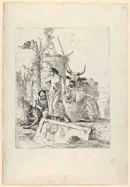 Young shepherdess and old man with a monkey, from the Scherzi, by Giovanni Battista Tiepolo