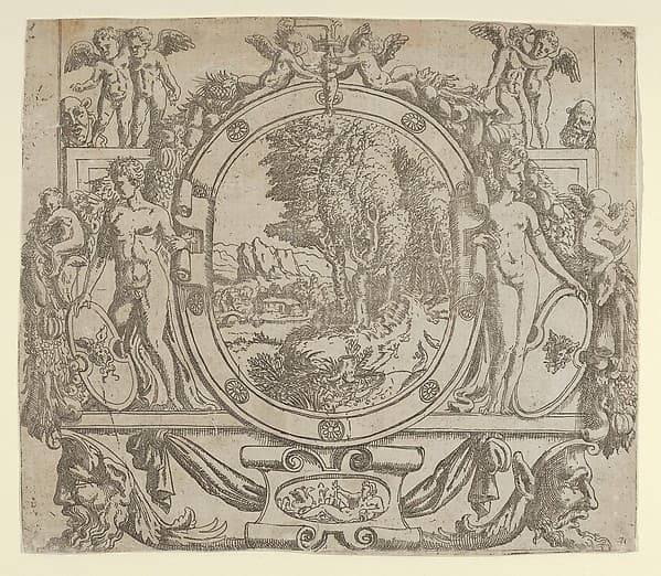 Oval landscape in an ornate frame, by Anonymous, French, School of Fontainebleau, 16th century