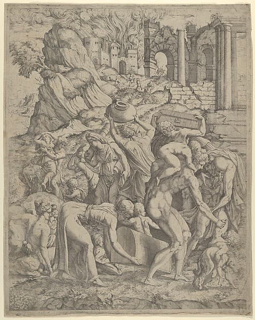 People Fleeing a Burning City, by Anonymous, French, School of Fontainebleau, 16th century