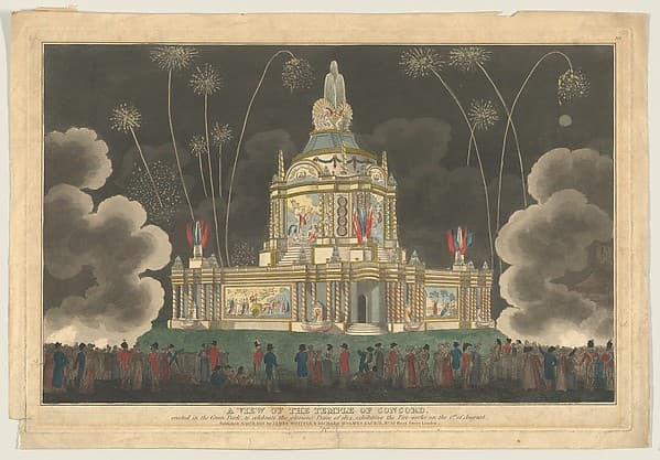 A View of the Temple of Concord Erected in the Green Park, to Celebrate the Glorious Peace of 1814, Exhibiting the Fireworks on the 1st of August, by Robert Laurie