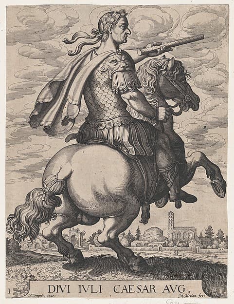 Plate 1: Emperor Julius Caesar on Horseback, from "The First Twelve Roman Caesars", by Matthäus Merian the Elder