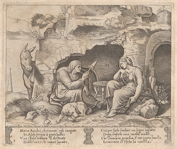 Plate 1: Apuleius changed into a donkey, listening to the story told by the old woman, from "The Story of Cupid and Psyche as told by Apuleius", by Master of the Die