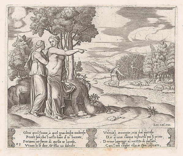 Plate 23: Psyche on the order of Venus departing to find the golden fleece, from "The Story of Cupid and Psyche as told by Apuleius", by Master of the Die