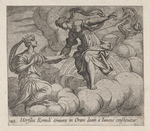 Plate 145: Hersilia Taken to the Heavens (Hersilia Romuli coniunx in Oram deam a Iunone constituitur), from Ovid's 'Metamorphoses', by Antonio Tempesta