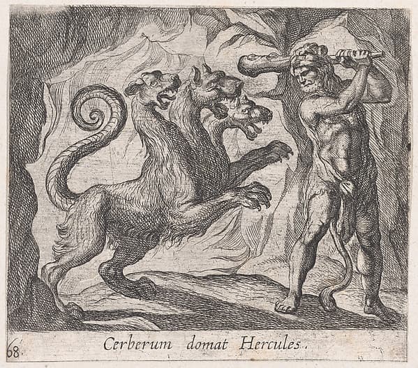 Plate 68: Hercules and Cerberus (Cerberum domat Hercules), from Ovid's 'Metamorphoses', by Antonio Tempesta
