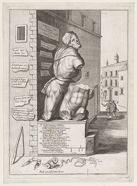 Statue of Pasquin in the House of Cardinal Ursino, from "Speculum Romanae Magnificentiae", by Nicolas Beatrizet