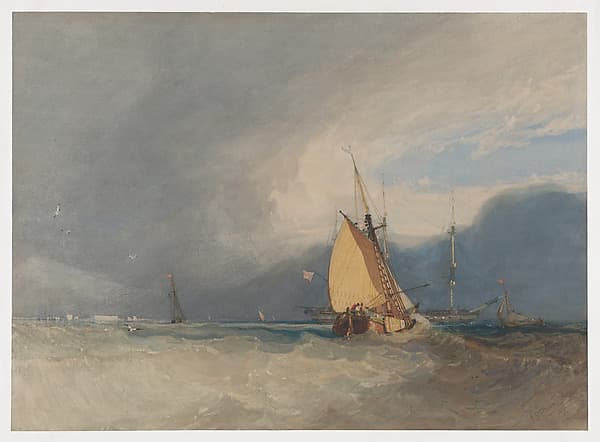 Boats off the coast, storm approaching, by John Sell Cotman