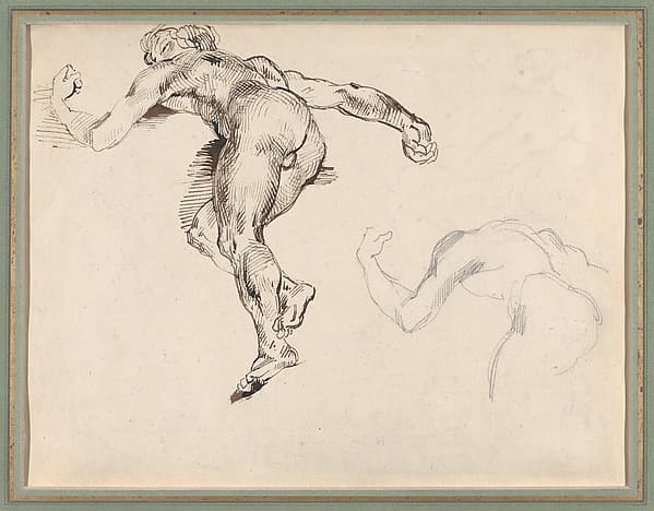 Two Studies of a Reclining Male Nude, after Gericault (recto); Figure Studies after Rubens's “Fall of the Damned” (verso), by Eugène Delacroix