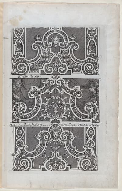 Three Designs for Embroidered Headboards, from Nouveaux Liure da Partements, part of Œuvres du Sr. D. Marot, by Daniel Marot the Elder