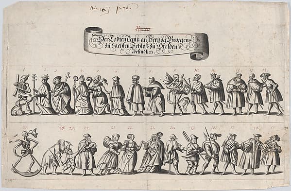 Plate from a book showing a procession of men and women with a skeleton at the beginning, middle and end of the line, by Anonymous, German, 17th century
