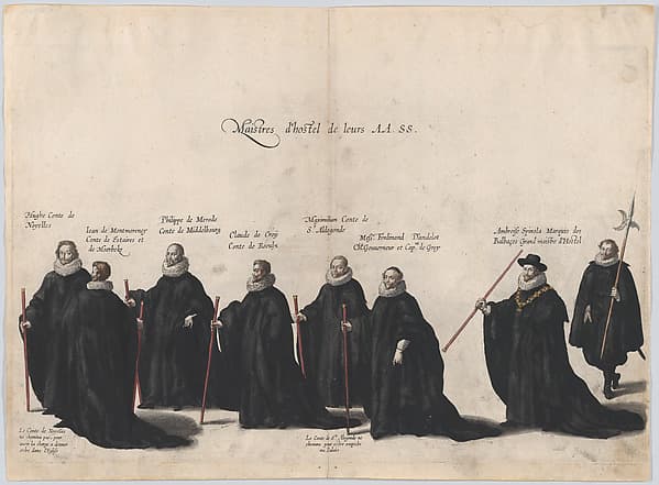 Plate 53: Eight figures marching in the funeral procession of Archduke Albert of Austria; from 'Pompa Funebris ... Alberti Pii', by Cornelis Galle I