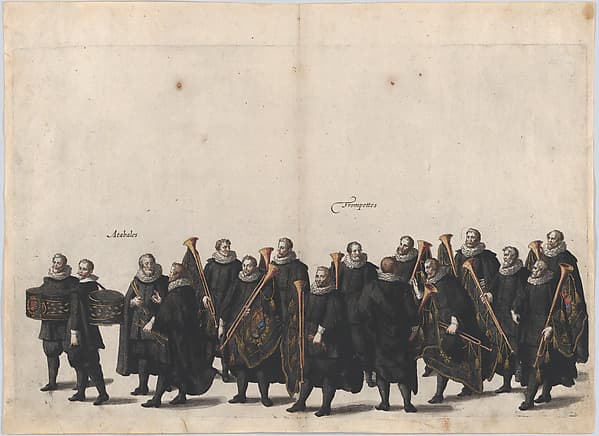 Plate 28: Drummers and trumpet players marching in the funeral procession of Archduke Albert of Austria; from 'Pompa Funebris ... Alberti Pii', by Cornelis Galle I