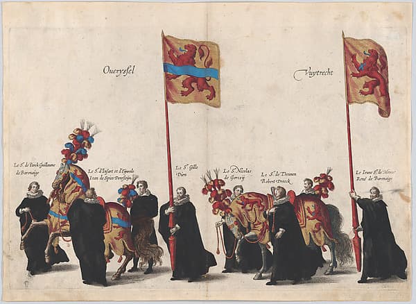 Plate 32: Men with heraldic flags and horses from Overijssel and Utrecht marching in the funeral procession of Archduke Albert of Austria; from 'Pompa Funebris ... Alberti Pii', by Cornelis Galle I