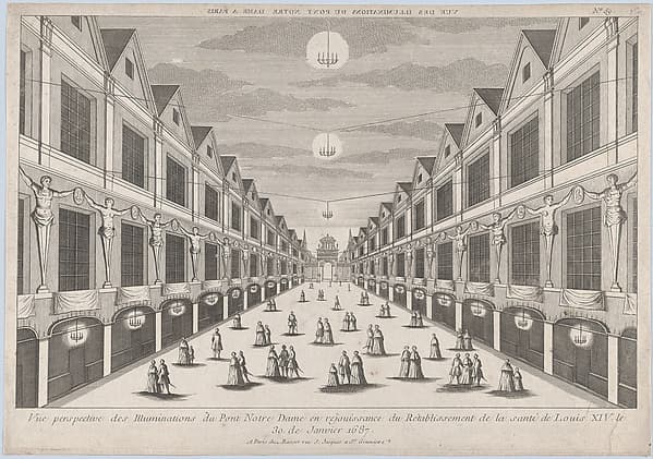 Perspective view of the Illuminations on the Pont Notre Dame, in celebration of the recovery of the health of Louis XIV, January 30, 1687, by Anonymous