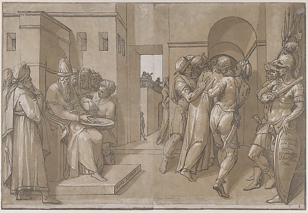 Pilate at the left washing his hands (left side of sheet), by Andrea Andreani