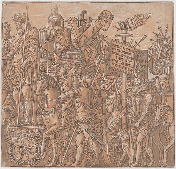 Sheet 2: A figure on a triumphal chariot surrounded by figures on horseback, from "The Triumph of Julius Caesar", by Andrea Andreani