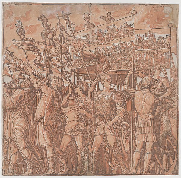 Sheet 1: Roman soldiers carrying banners depicting the triumphant victories of Julius Caesar, from "The Triumph of Julius Caesar", by Andrea Andreani