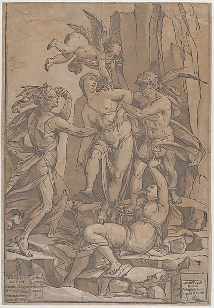 Virtue as a young woman surrounded by four figures representing love, error, ignorance and opinion, by Andrea Andreani