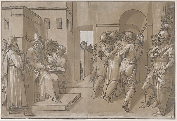 Christ is being led away, soldiers stand at the right (right side of sheet), by Andrea Andreani