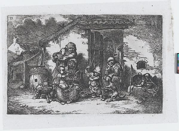 Plate 19: a family and a boy playing with a dog outside a house, from "Customs and Pastimes of the Spanish People", by Francisco Lameyer y Berenguer