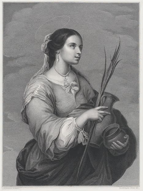 St Justa, three-quarter length, turned to right, holding two pots and a palm, by Auguste Blanchard père