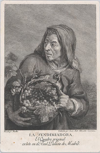 The grape-picker, and elderly woman holding a basket of grapes, after Murillo, by Juan Antonio Salvador Carmona