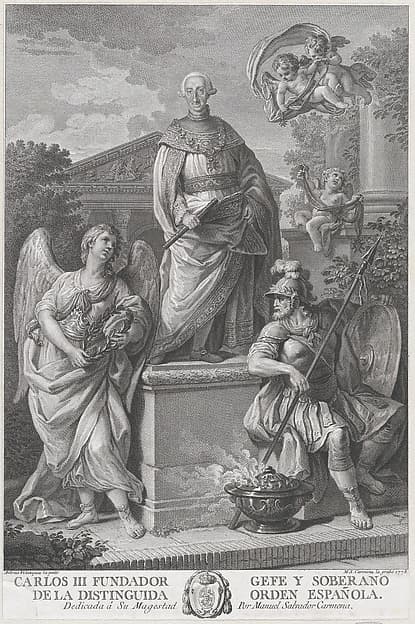 Allegorical portrait of Carlos III standing on a pedestal flanked by figures (War and Peace?), by Manuel Salvador Carmona