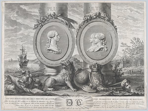 Two bust portraits of Carlos III at left and Carlos IV and Maria Louisa at right in roundels fixed to the columns of Hercules set within a landscape, by Manuel Salvador Carmona