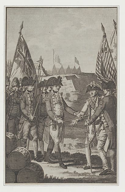 The Surrender of Earl Cornwallis (Lieutenant General of the British Army in North America) to General Washington & Count De Rochambeau, on the 19th of October, 1781, from Barnard's New, Complete and Authentic History of England, by T. Thornton