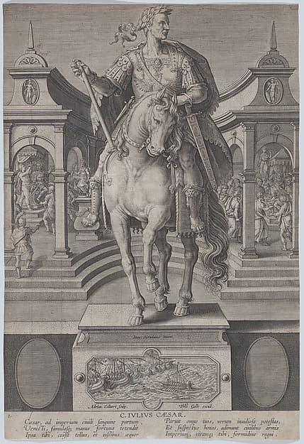 Plate 1: equestrian statue of Julius Caesar, seen from the front, with a scene of a naval battle on pedestal below, from 'Roman Emperors on Horseback', by Adriaen Collaert