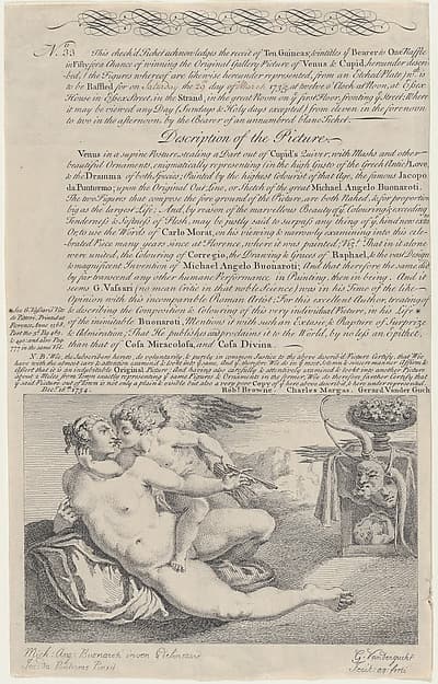 Raffle Ticket for the Painting of Venus and Cupid after Michelangelo, by Gerard Vandergucht