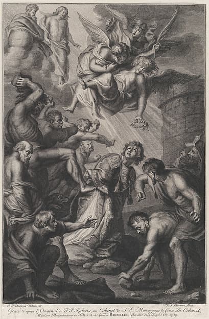 The Martyrdrom of Saint Stephen, kneeling at center while persecutors throw stones at him, three angels holding a laurel wreath overhead, and Christ and God the Father in the clouds at upper left, by Phillip Joseph Tassaert