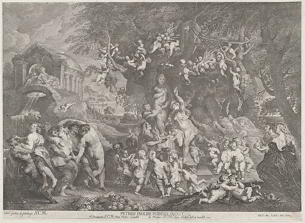 The Feast of Venus, with groups of satyrs, nymphs, and putti dancing around a statue of Venus, by Anton Joseph von Prenner