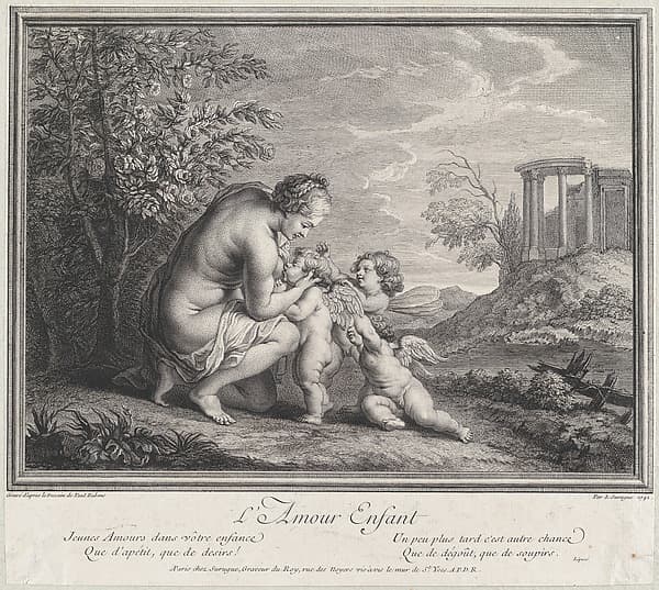Venus nursing three Cupids in a landscape, by Louis Surugue