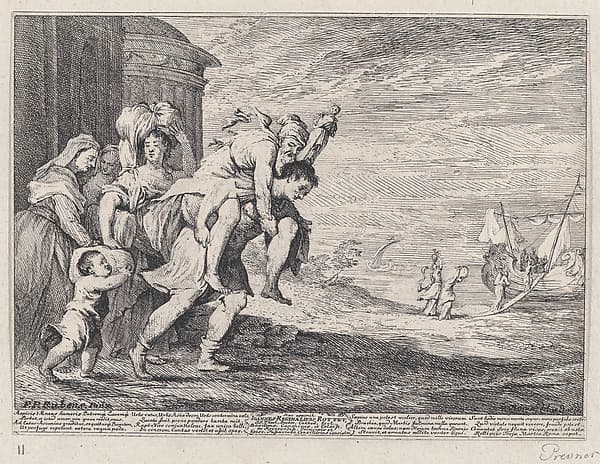 Aeneas fleeing Troy, with a group of six figures leaving the city at left, Aeneas carrying his father Anchises on his back, followed by his wife Creusa and his son Ascanius, two servants at far left, by Anton Joseph von Prenner
