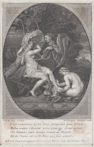 A woman at the bath, another woman washing her right foot and an old woman behind her holding her clothes, by Louis Surugue