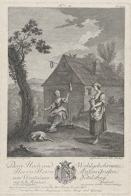 Landscape with a woman spinning and a woman nursing a child, by Johann Balzer