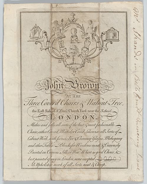 Trade card of John Brown, Chairs and Cabinet-work, at the Three Cover'd Chairs & Walnut Tree, St. Paul's Church Yard, London, by Joseph Champion