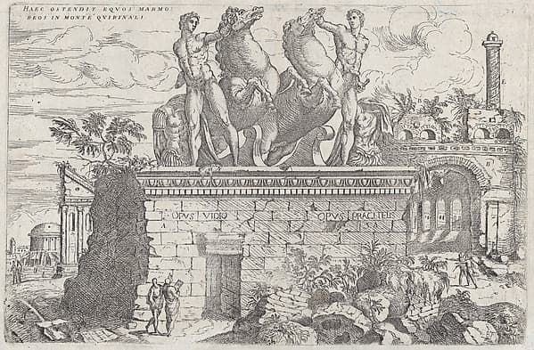 Roman ruins with the horse tamers (Dioscuri) on the Quirinal Hill, plate 36 from "Discorsi Sopra L’Antichita di Roma", by Giovanni Battista Pittoni the Elder