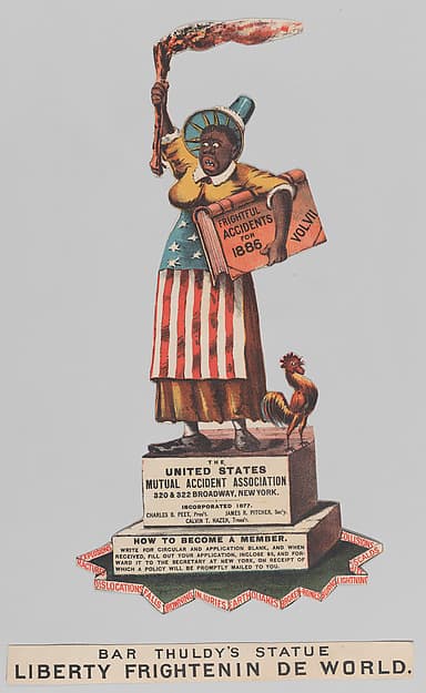 Bar Thuldy's Statue: Liberty Frightenin de World, by Currier & Ives