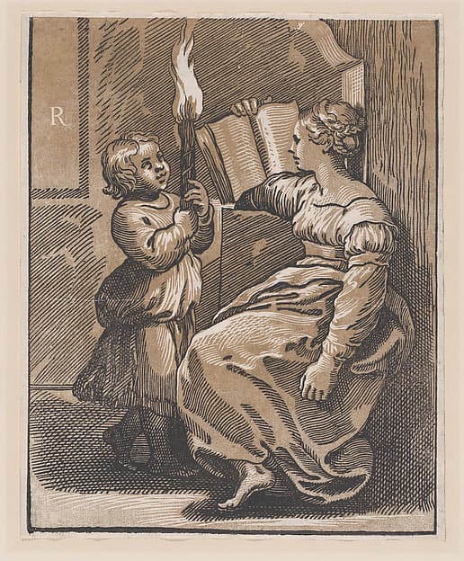 A Sibyl reading a book facing left, by Ugo da Carpi